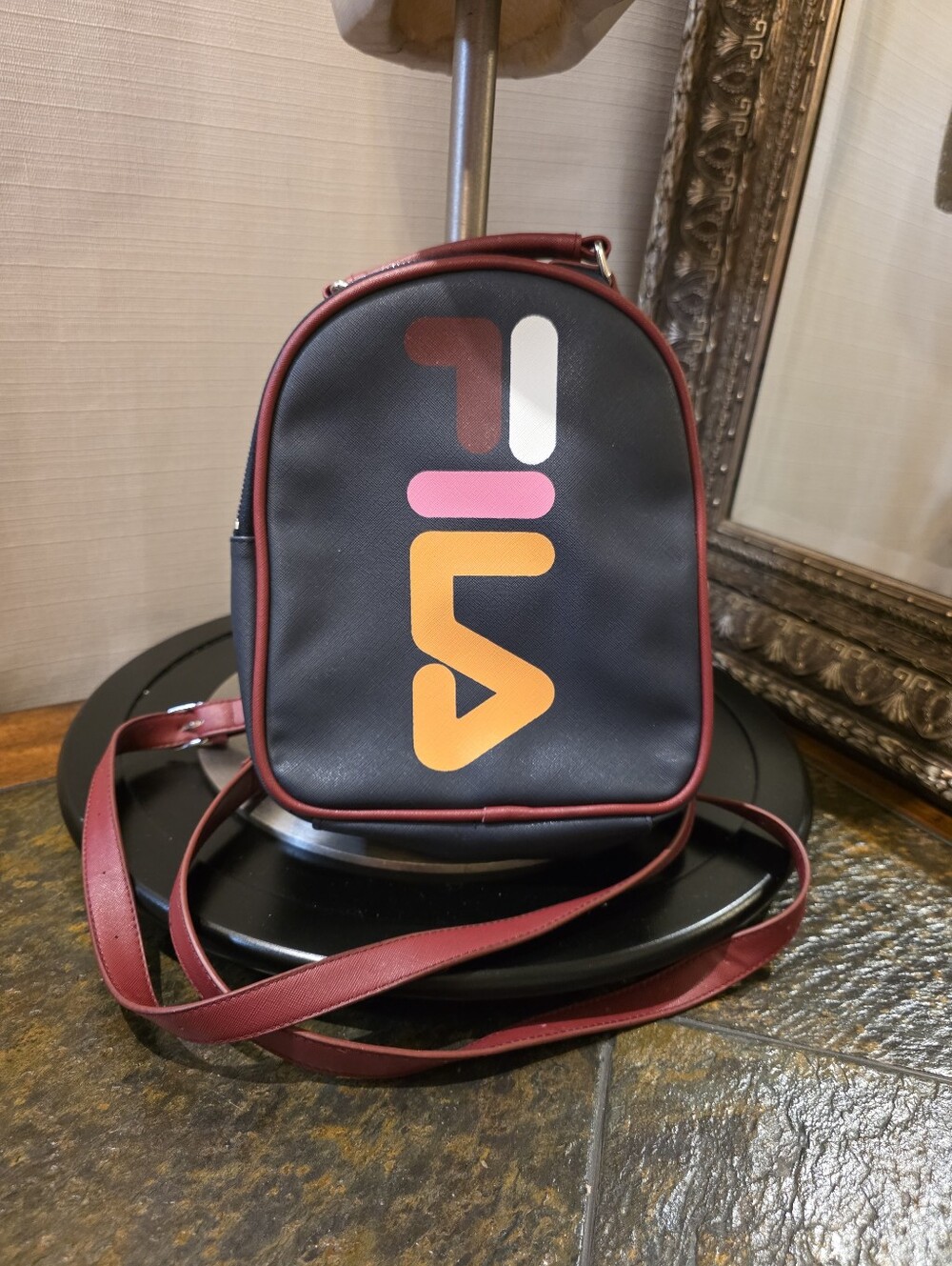 FILA Soho Mini Backpack + Crossbody Bag In Navy with Burgundy Trim.